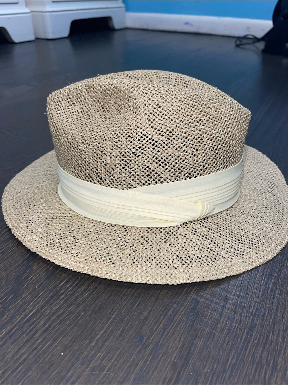 Woven Straw Fedora with Cream Band